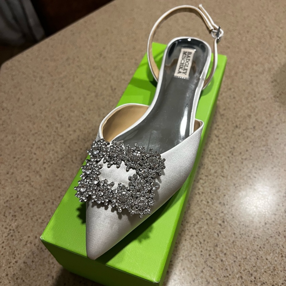 Badgley Mischka Saga Crystal Buckle Pointed Toe Bridal Wedding Flat